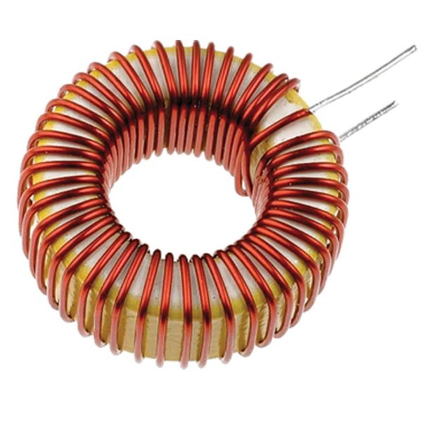 Photograph of toroidal inductor with single layer winding and tinned connection leads