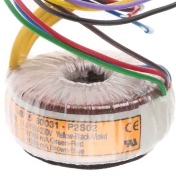 Photo miniature Open style toroidal transformer 60031 showing top surface and identification label